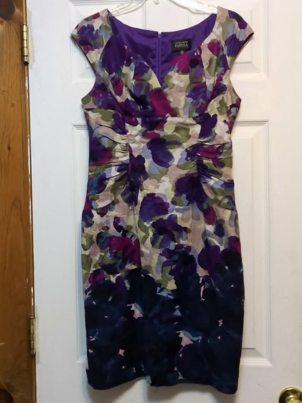 Adrianna Papell Petitie Sz 10P Sheath Dress Purple Watercolor Floral Ruching